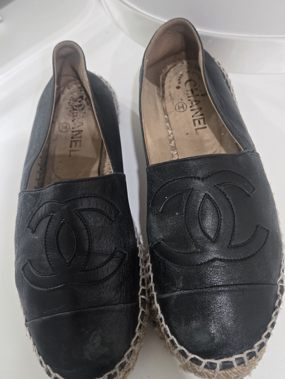 CHANEL Black Leather CC Espadrille Flats